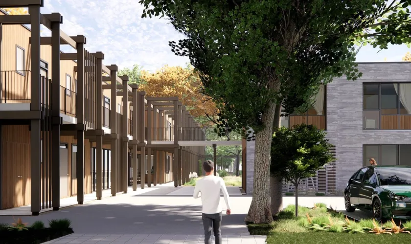Geanimeerd beeld van man die tussen de nieuwe gebouwen inloopt na de bouw