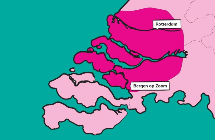 Kaart werkgebied Pameijer. Met uitgelicht gebied van Zuid-Holland, tot Zuid-Hollandse eilanden en stukje Noord-West Brabant