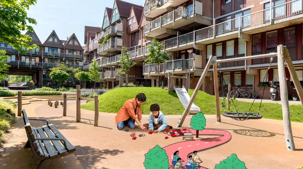 Twee broertjes spelen buiten op de grond en maken samen een puzzel