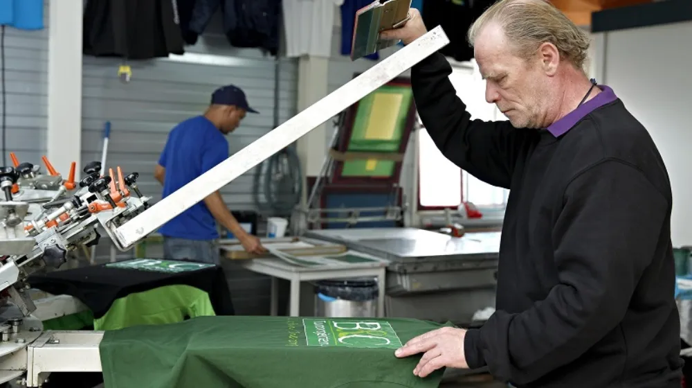 Een man staat bij een drukpers en bedrukt een t-shirt
